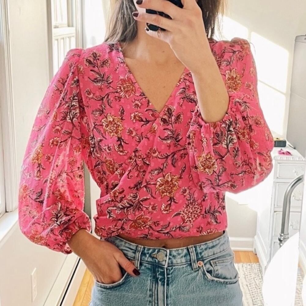 New Joie Pink Floral Surplice Neck Blouse Size‎ Large